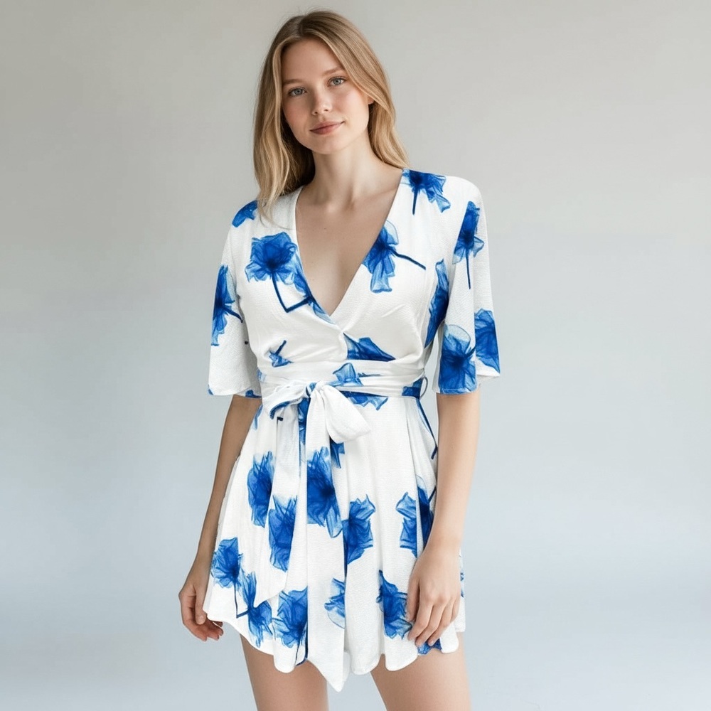LF Rumor Boutique Floral Short Sleeve Romper with Waist Bow